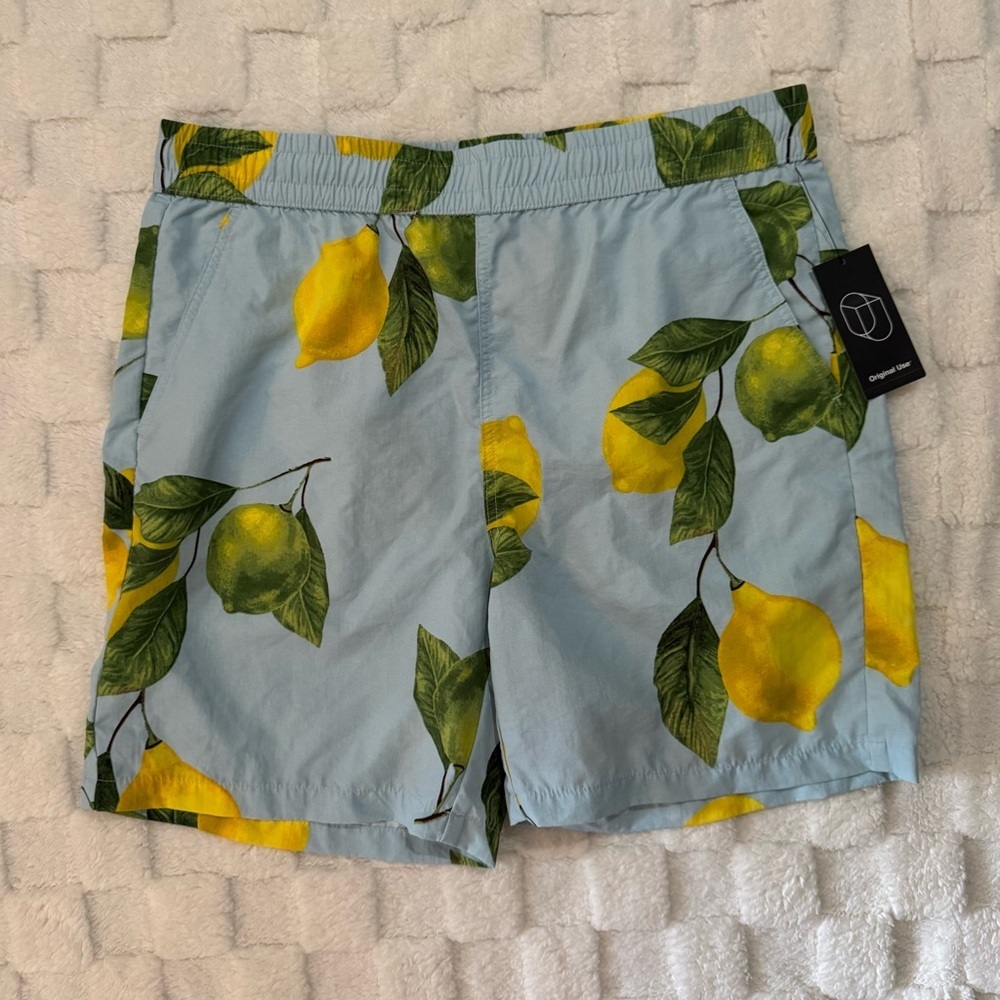 Original Use Men’s Blue Lemon Tree Swim Trunks w/ Pockets, 100% Nylon Medium NWT